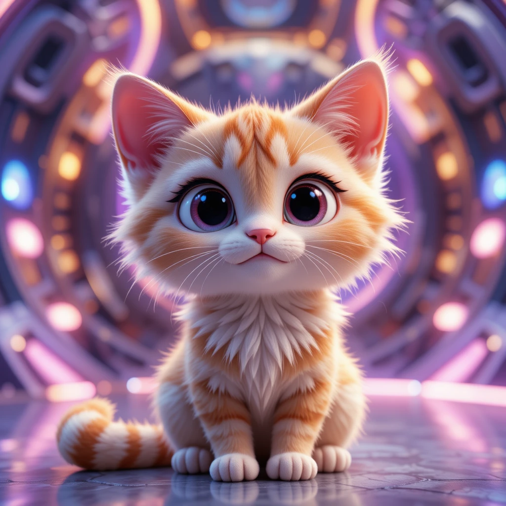 Adorable gato 3D tipo caricatura en escena futurista luminosa