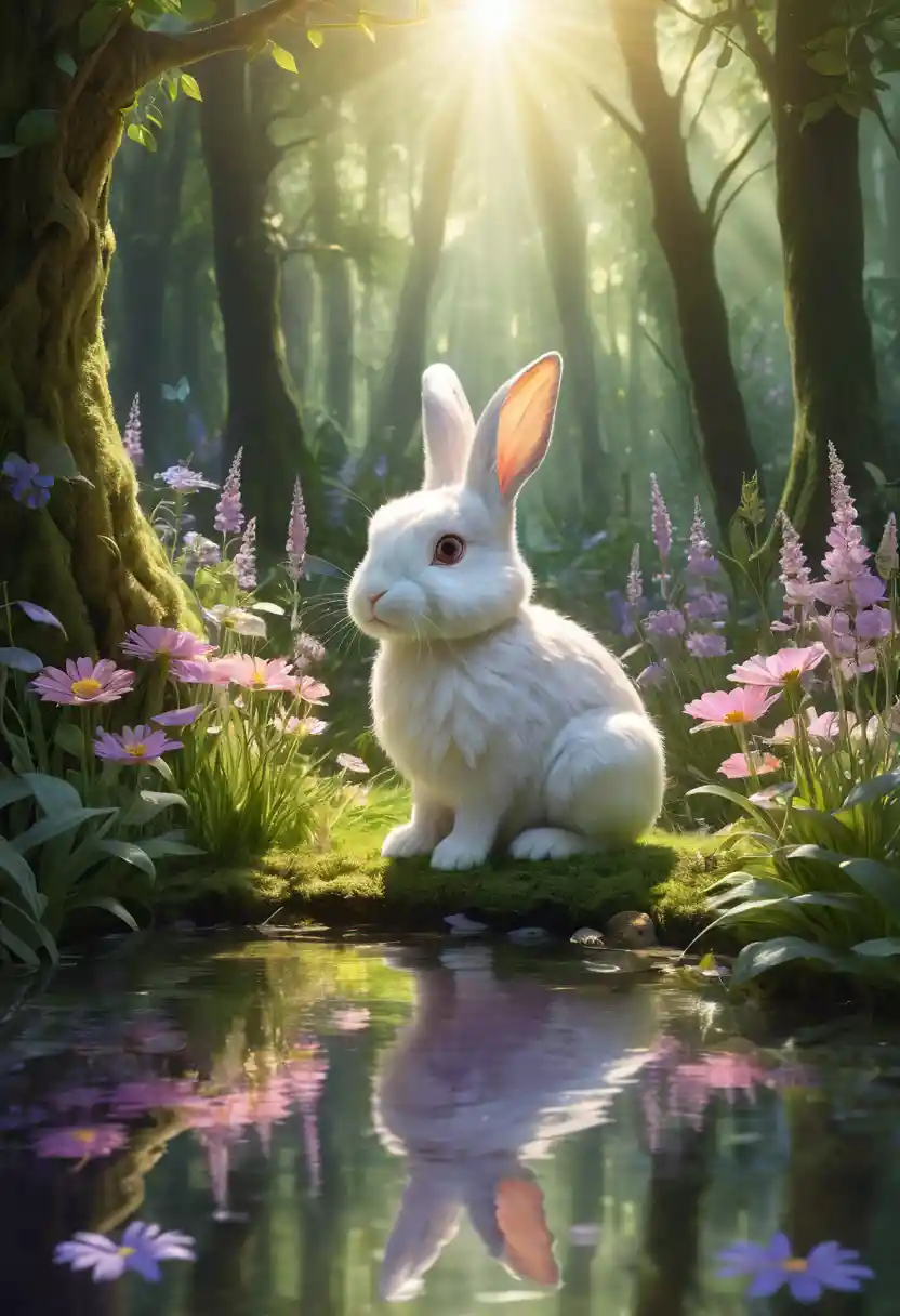 Serene White Rabbit In Magical Sunlit Forest Glade