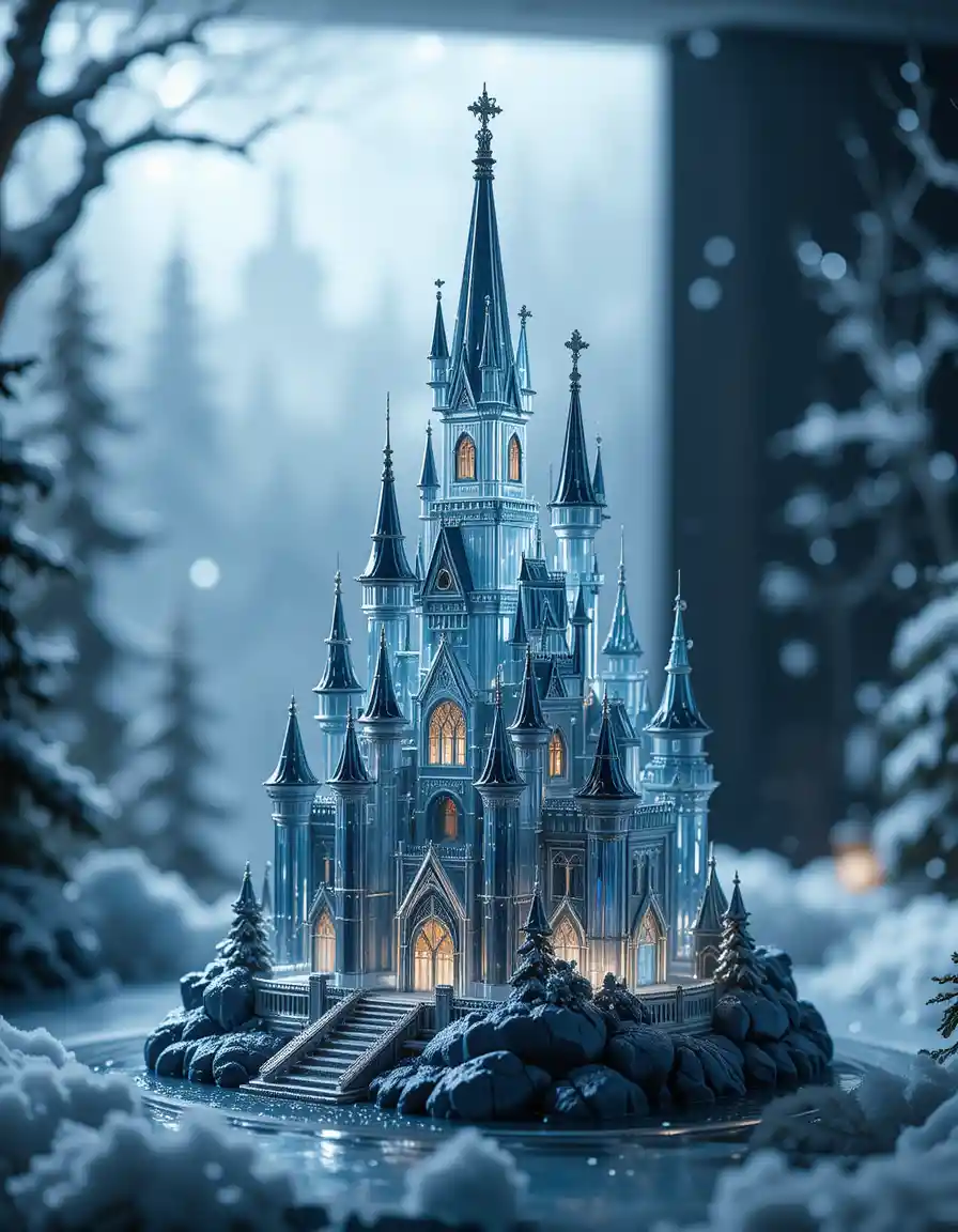 Glass castle figurine in a dark winter atmosphere