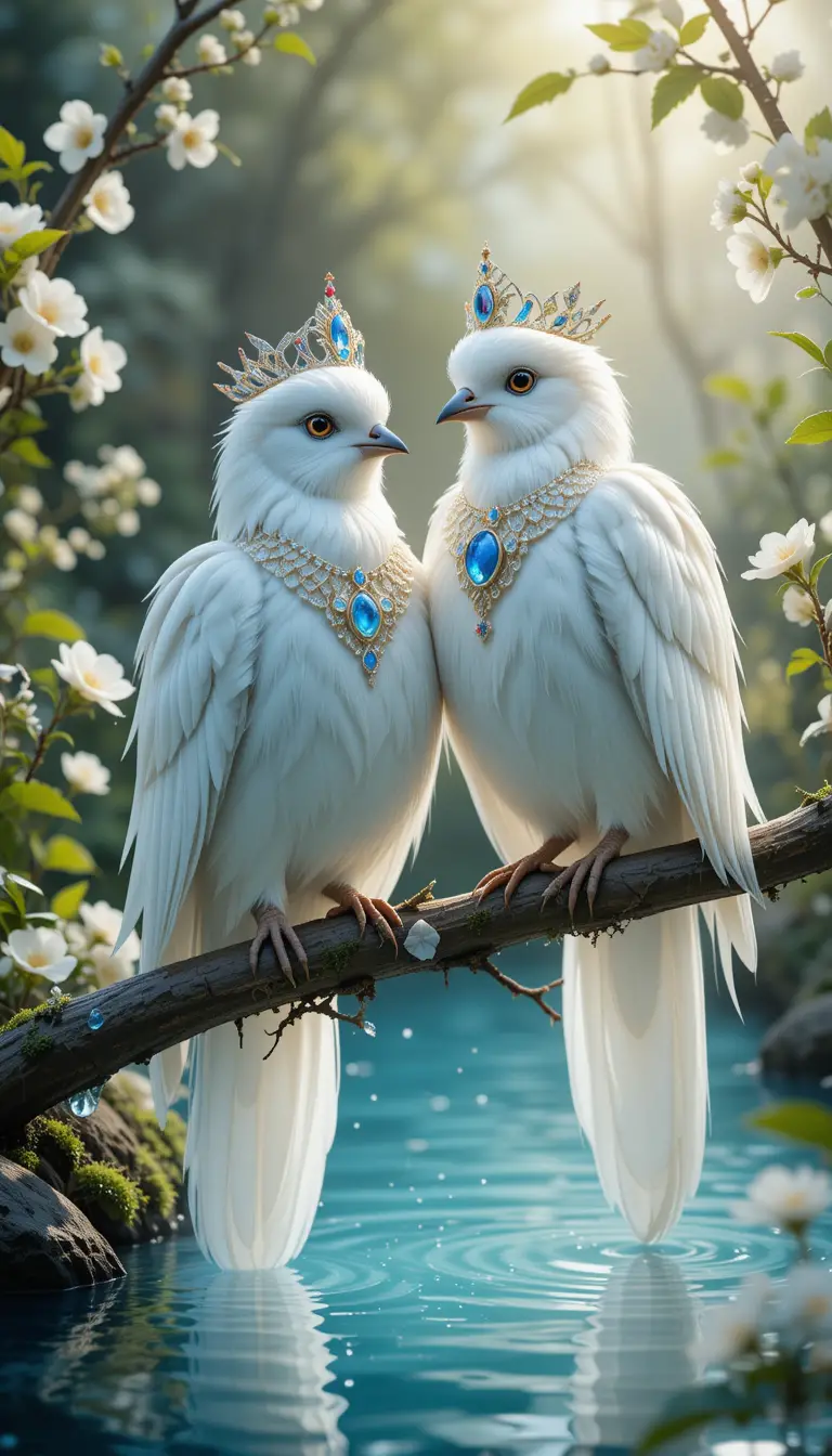 Royal white birds over a tranquil blue forest pond