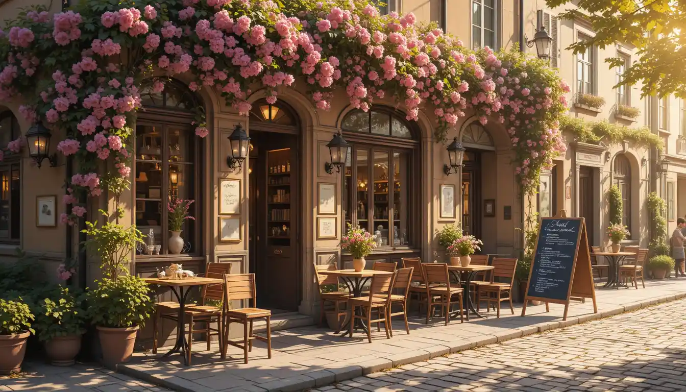 Romantic European Street Cafe With Warm Spring Sunlight