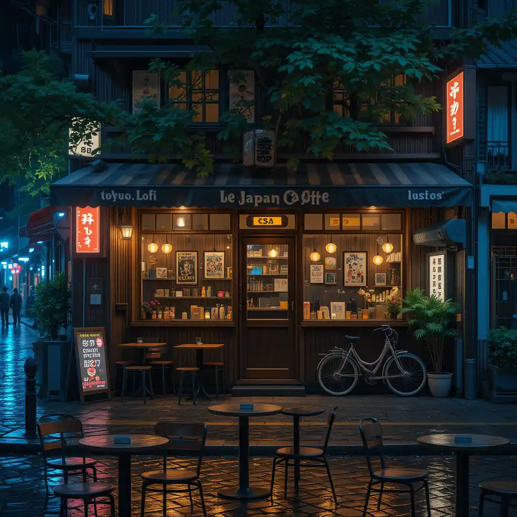 Cozy Anime Street Cafe At Night In Gentle Rain