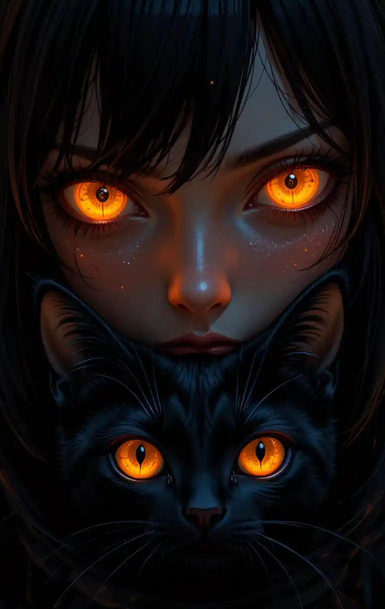 Anime woman and black cat with glowing orange eyes