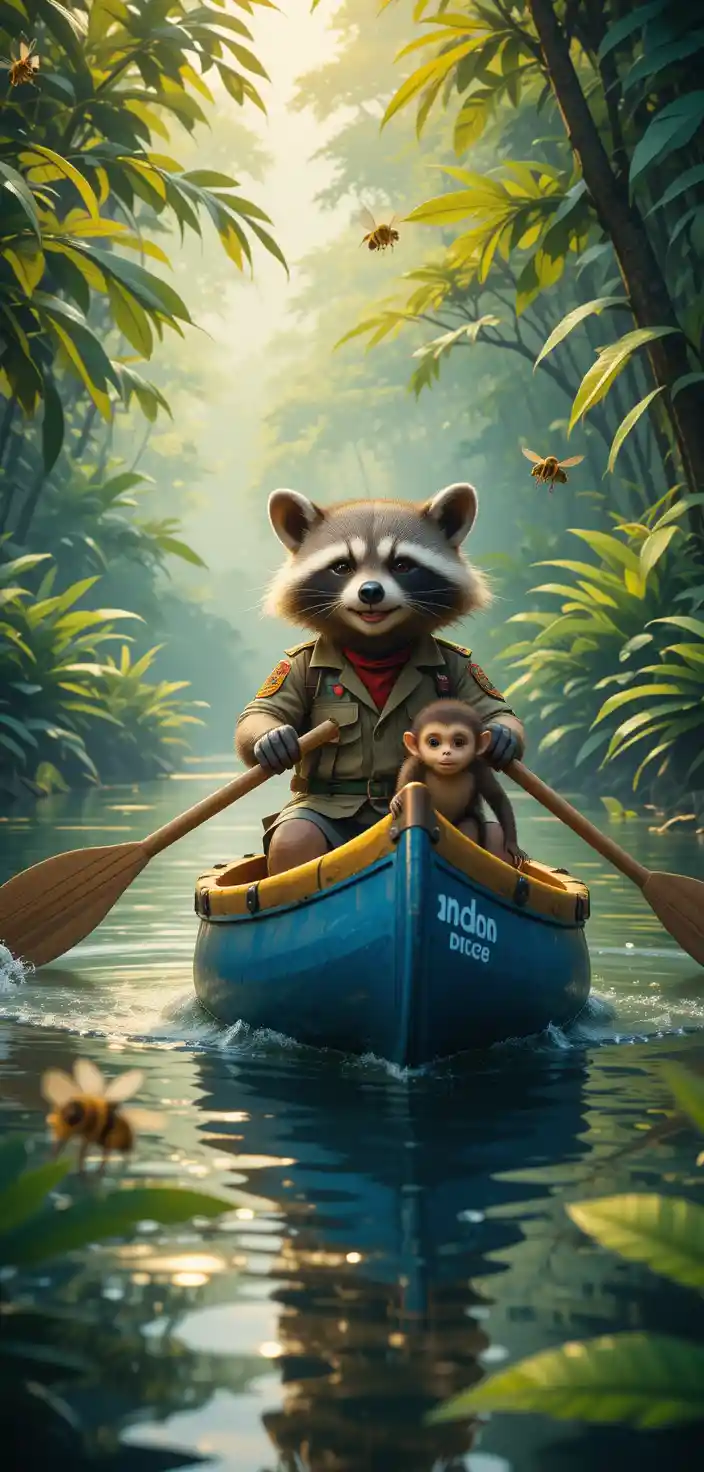 Raccoon Paddling Canoe With Monkey In Jungle River