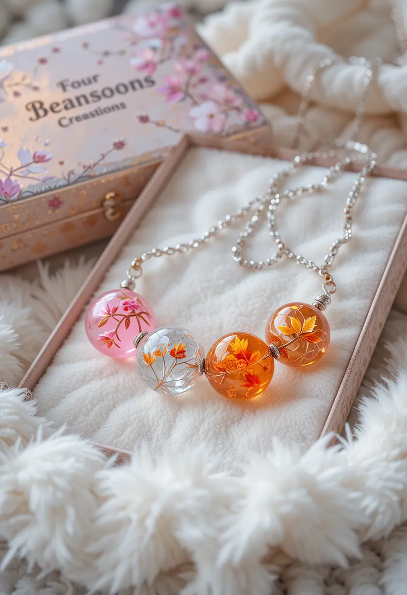 Elegant four seasons glass bead necklace on white velvet
