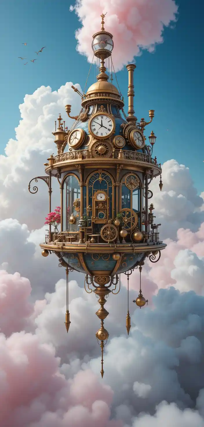 Schwebendes Steampunk-Café im Zuckerwatten-Wolkenhimmel