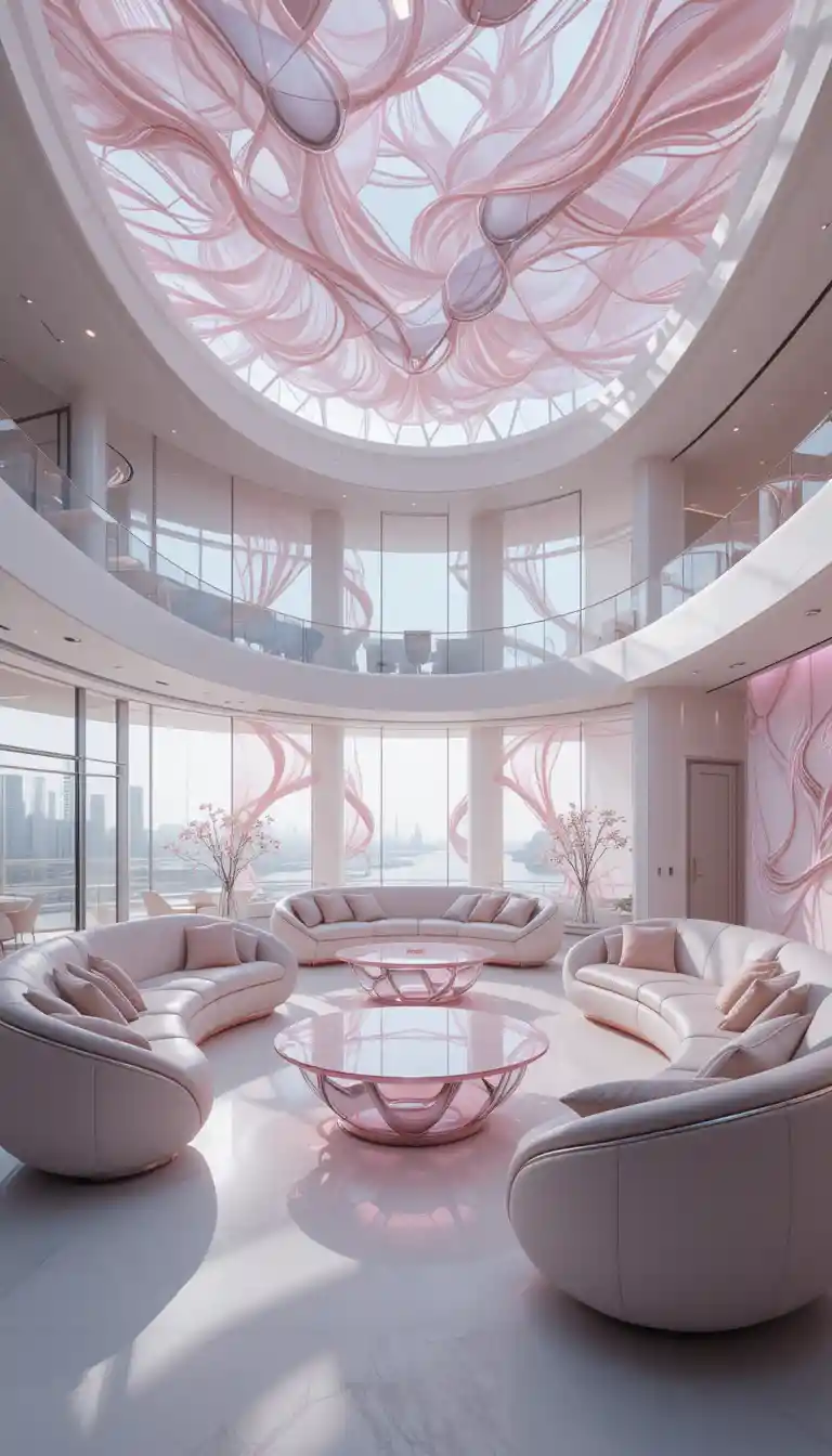 Futuristic pastel living room with curved sofas and glass
