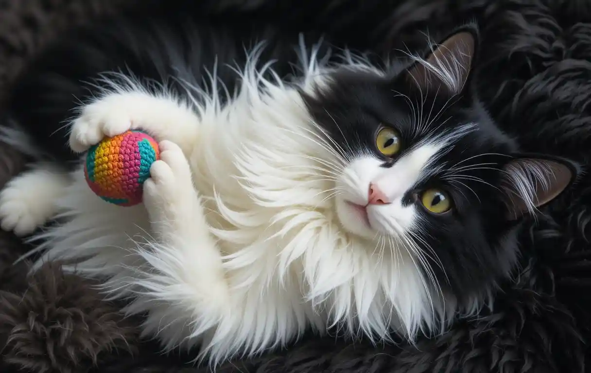 Black and white cat lying on its back with toy ball