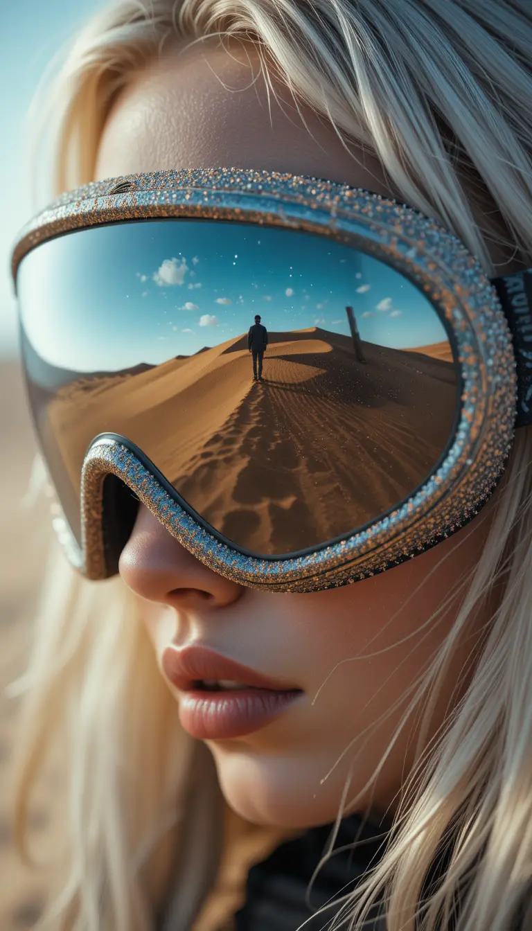 Extreme macro of mirrored swim goggles in sandy sunlight