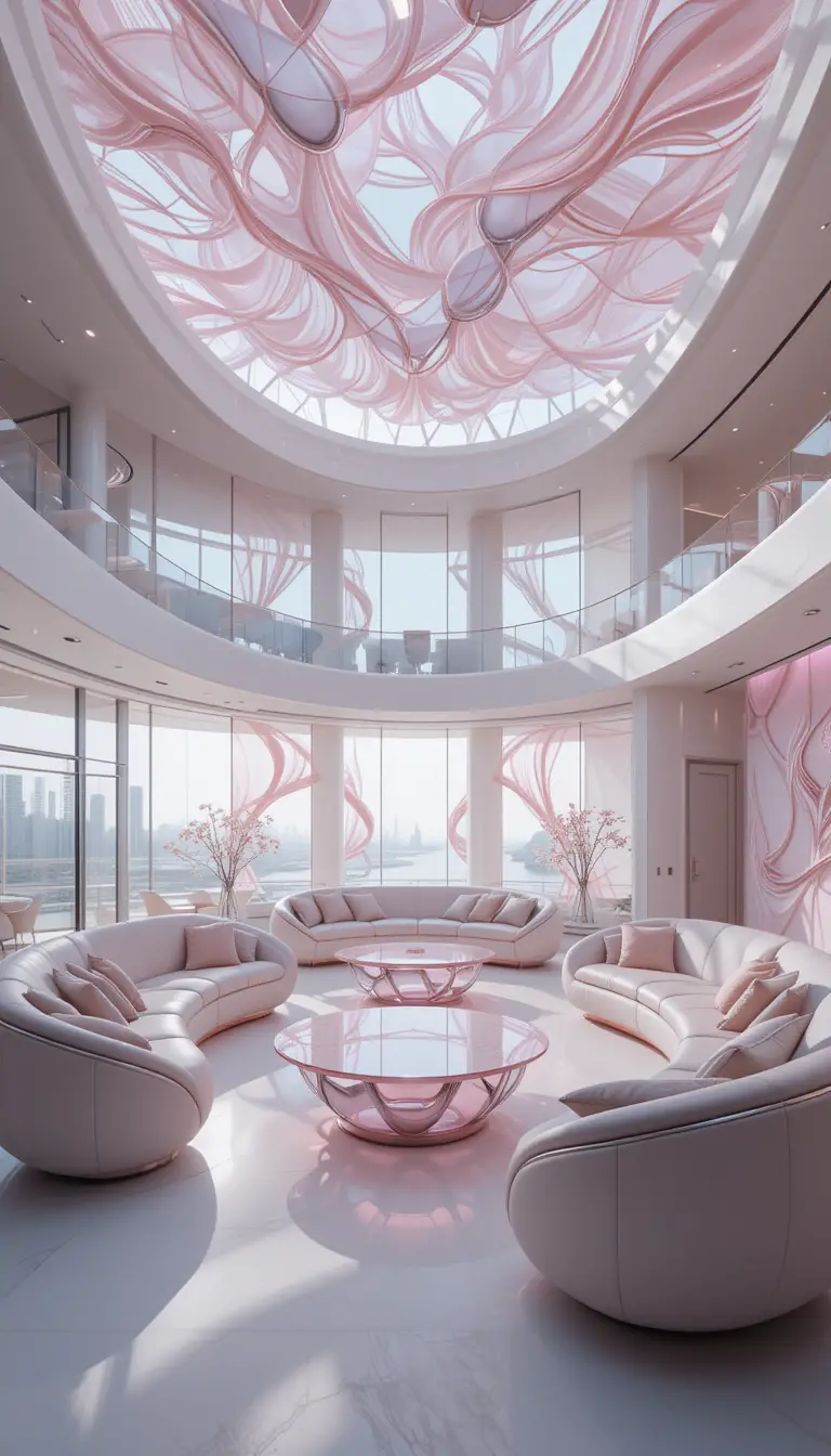 Futuristic pastel living room with curved sofas and glass