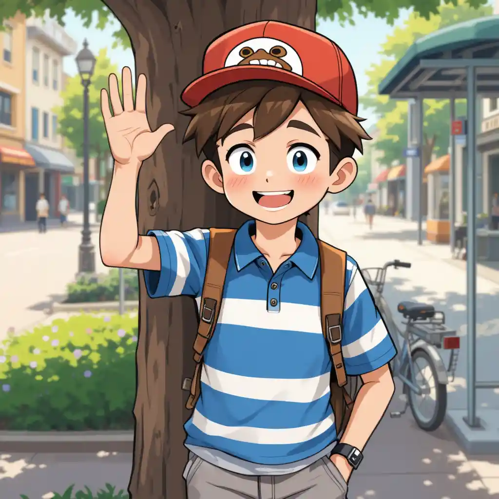 Happy anime boy waving by a tree in sunshine