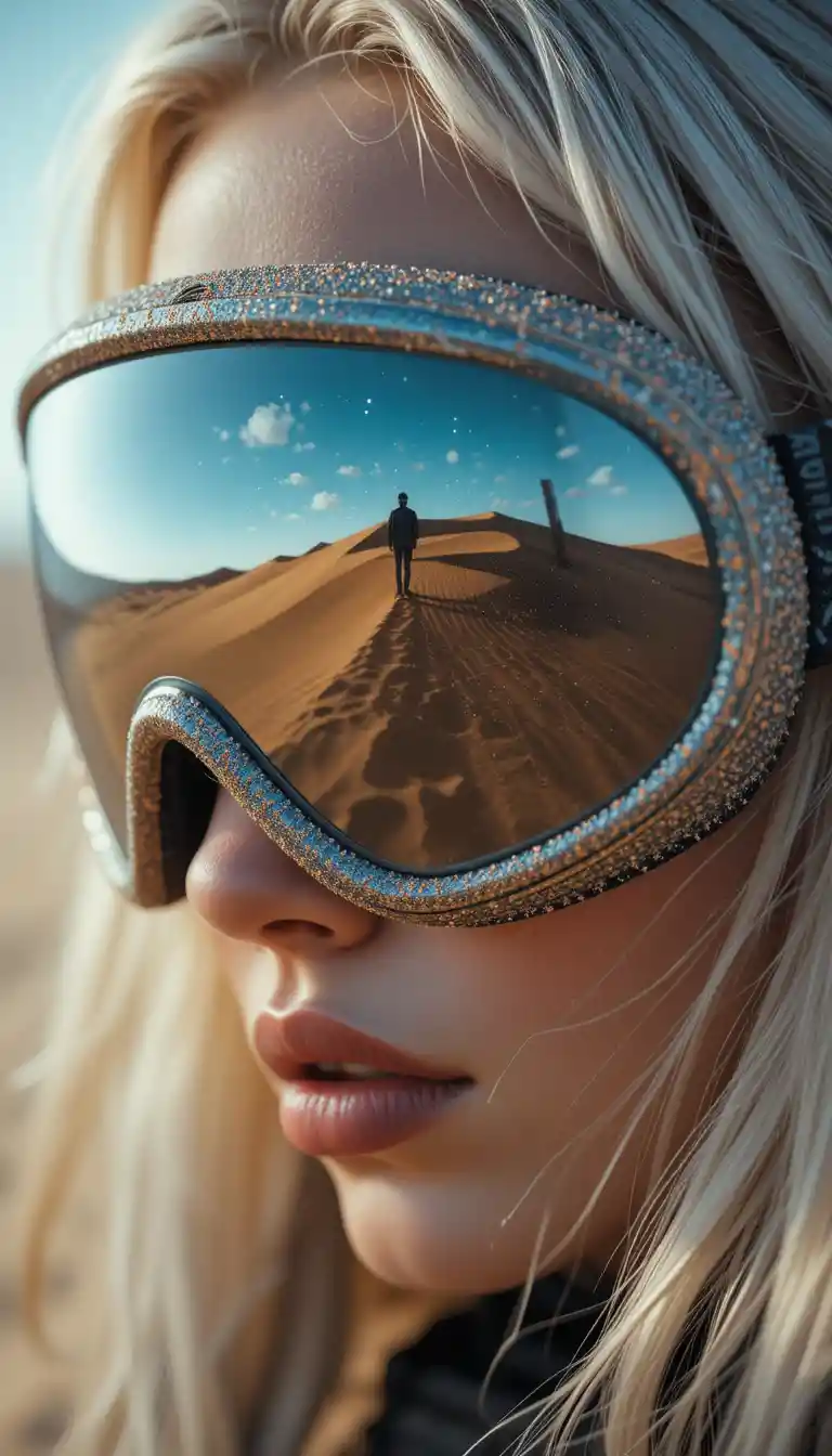 Extreme macro of mirrored swim goggles in sandy sunlight
