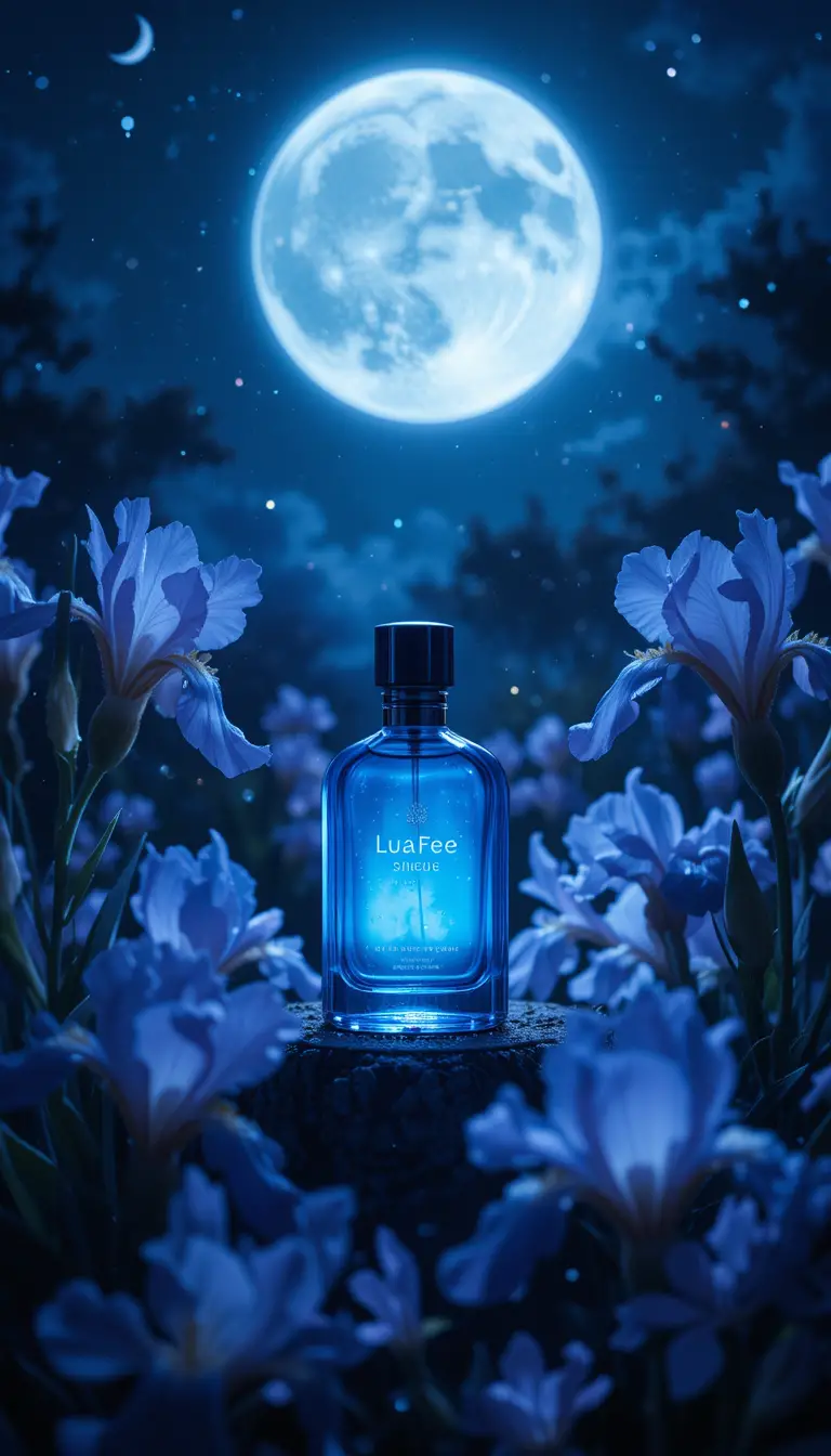Perfume bottle under blue moonlight with blooming irises