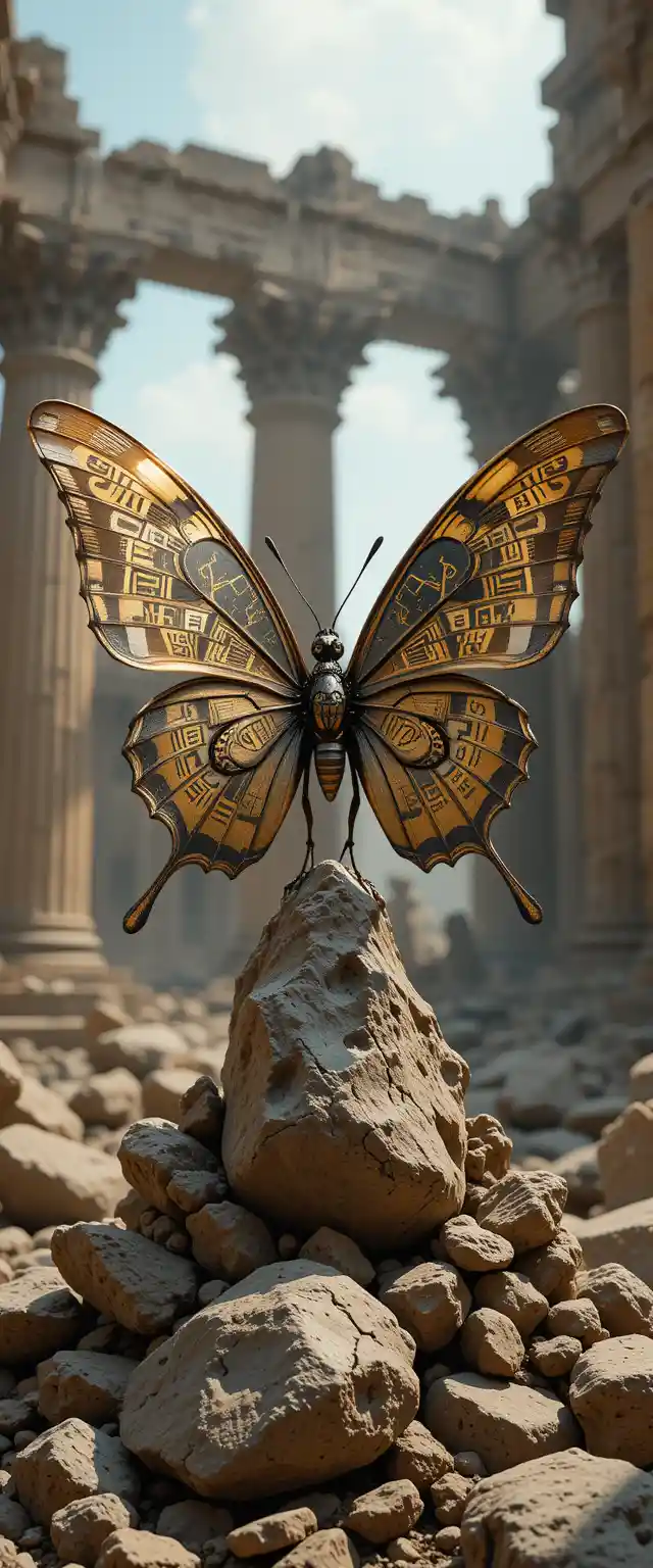 Steampunk-Schmetterling in antiken Tempelruinen