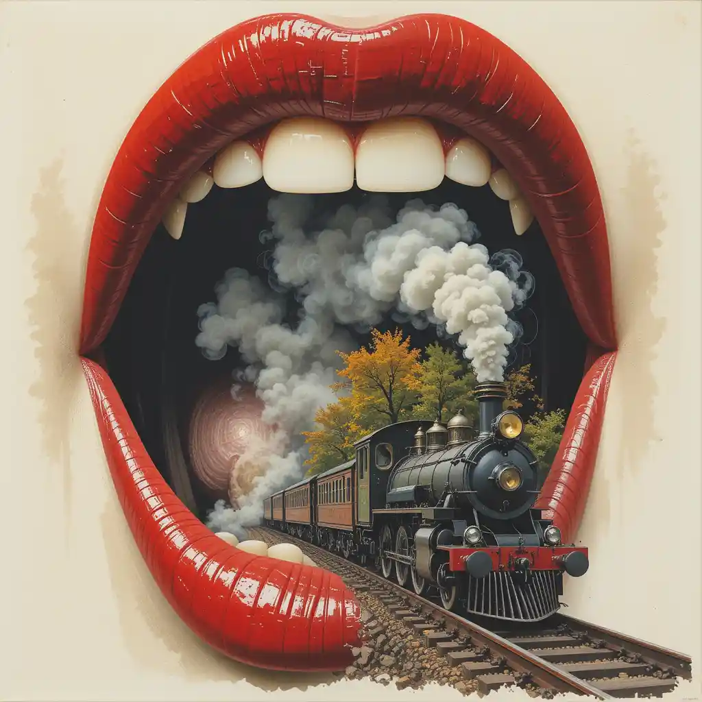 Surreal close up of a steam train emerging from a mouth