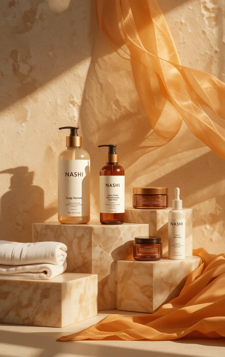 Warm product still life with nashi hair care on stone shelves