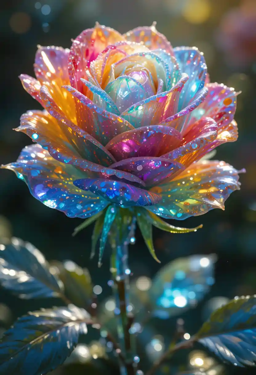 Crystal rainbow roses sparkling with enchanting reflections