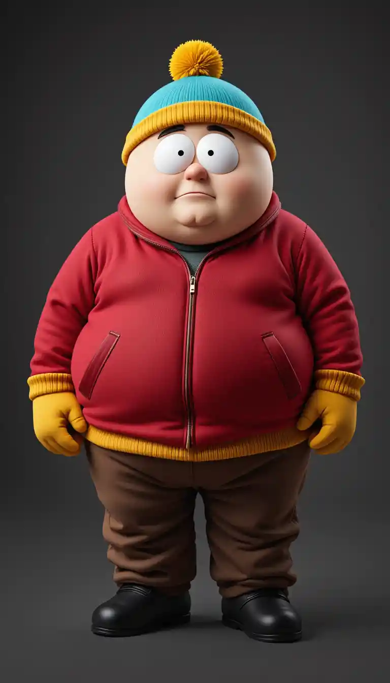 Realistic chubby boy in red jacket and cyan winter hat