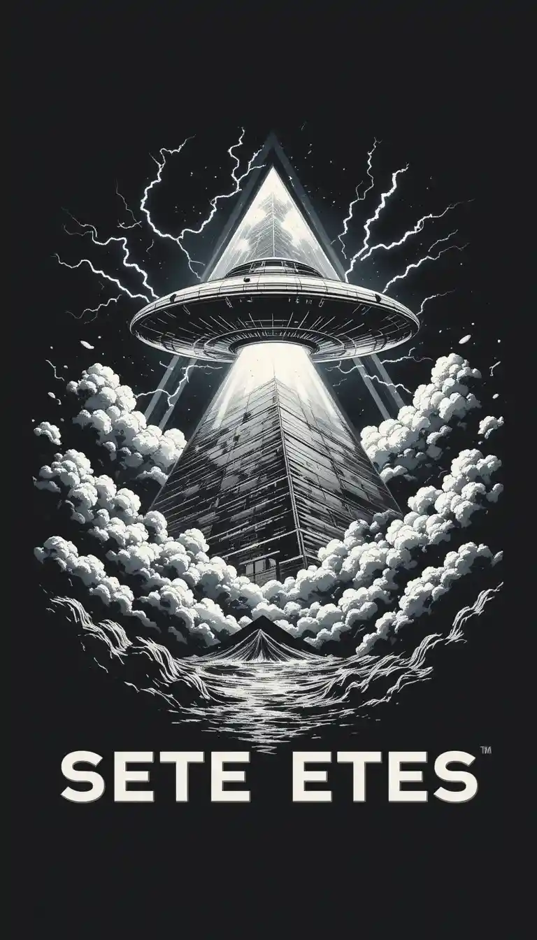 Nave UFO com relâmpagos dentro de pirâmide geométrica