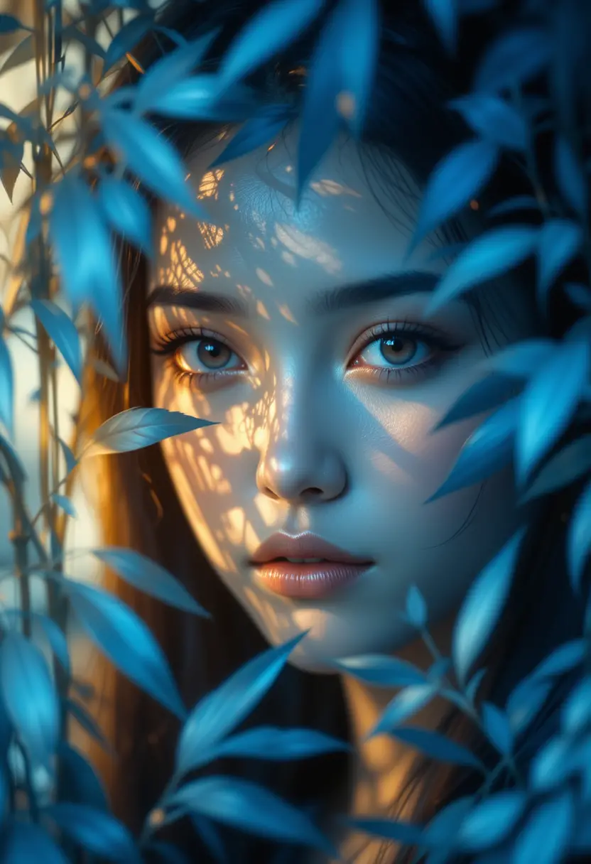 Woman portrait behind blue foliage with golden light