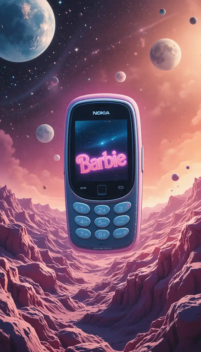 Retro-futuristisches Nokia-Logo, das im sonnigen Weltraum schwebt
