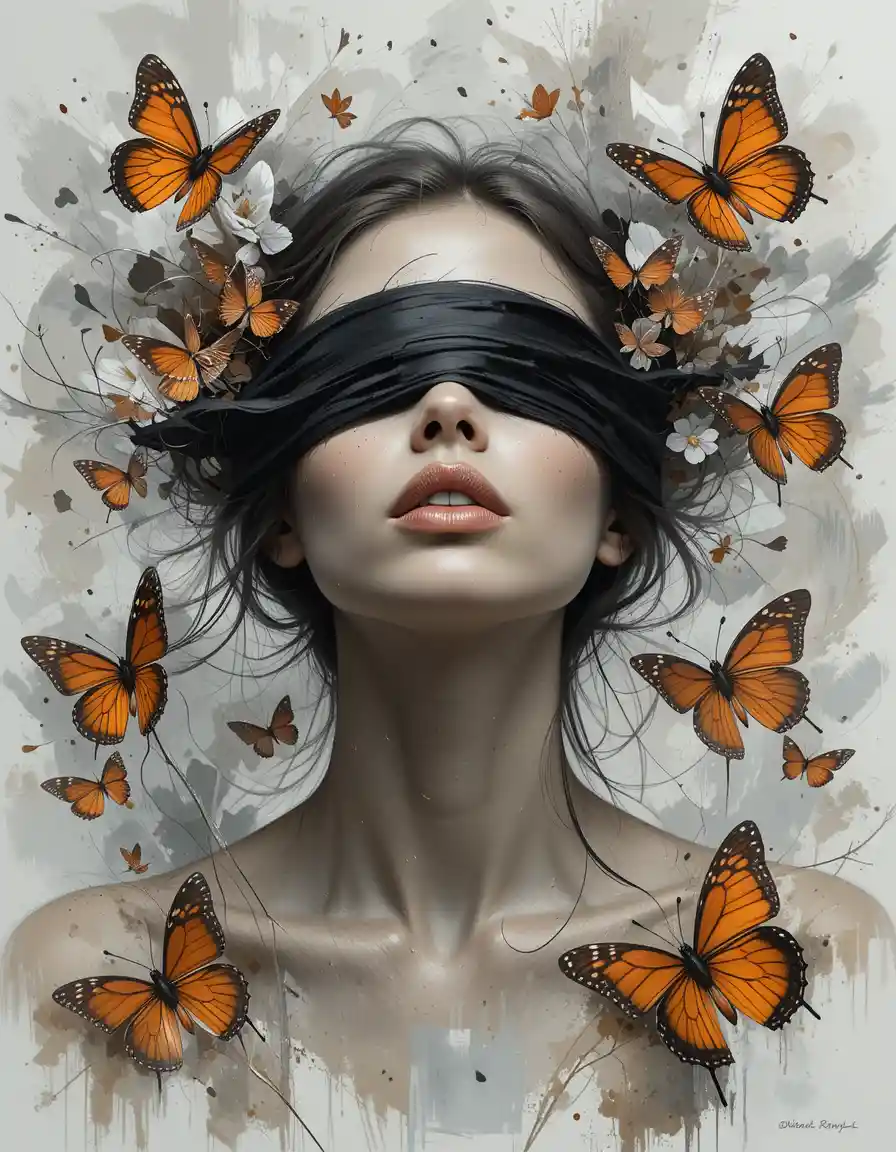 Blindfolded woman with orange butterflies in abstract portrait