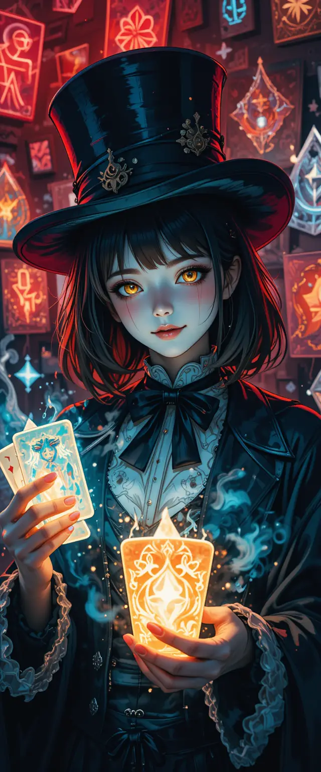 Creepy cute anime magician girl with neon magic cards