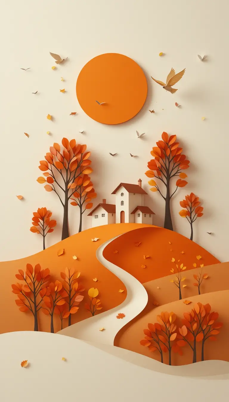 Minimal 3d Autumn Hillside Houses With Warm Sun