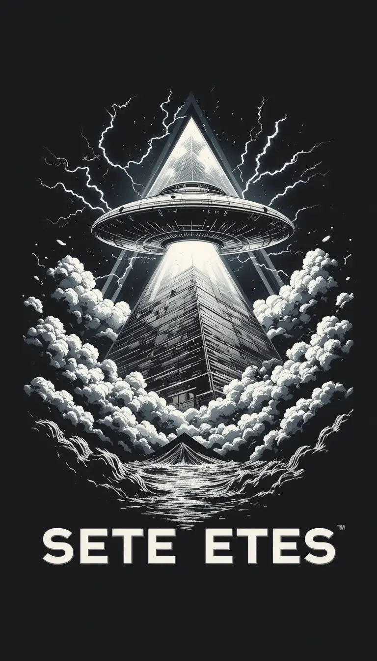 UFO ship with lightning inside geometric pyramid design
