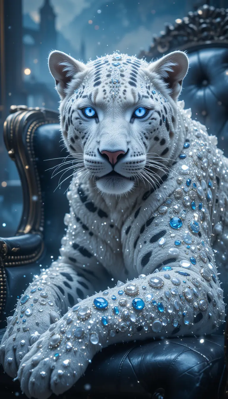 White leopard on diamond armchair in celestial blue glow