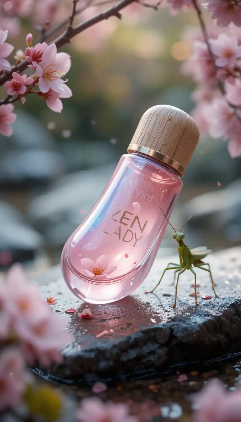 Perfume bottle on wet stone with sakura and bamboo cap
