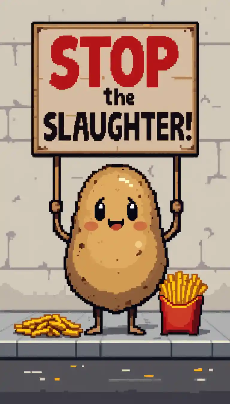 Cute pixel art potato protester with french fries