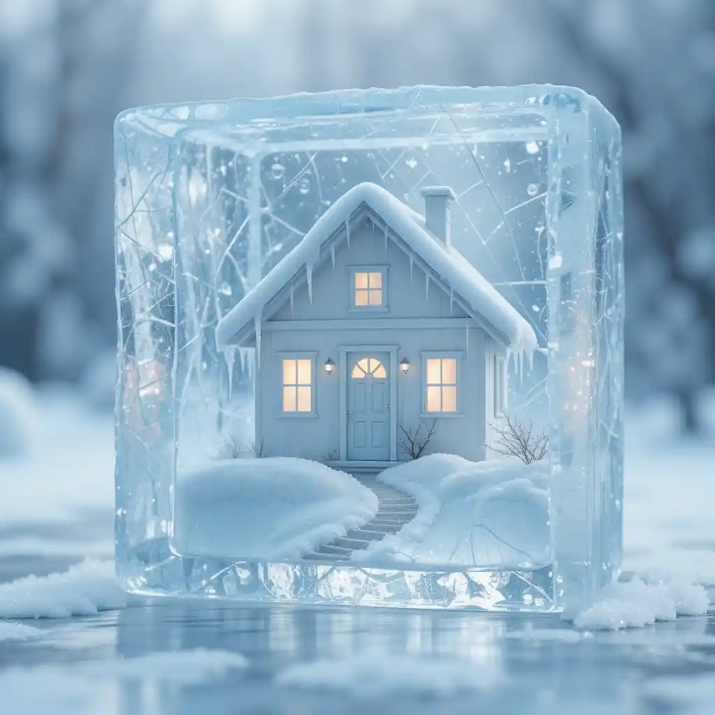 Miniature house frozen inside a clear ice cube