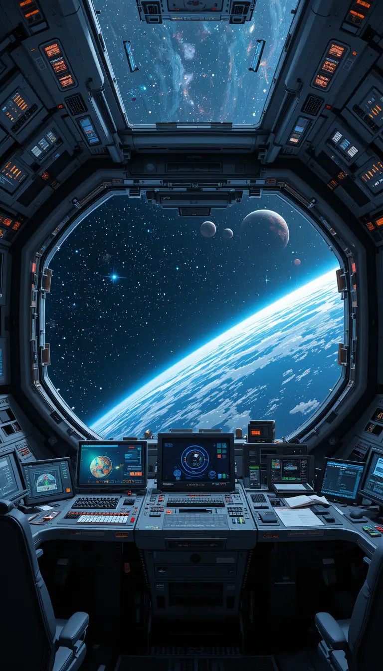 Futuristische Raumstations-Innenansicht mit Blick auf das weite Universum