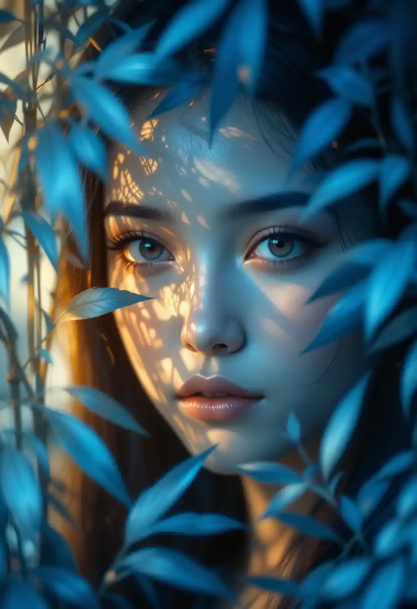 Woman portrait behind blue foliage with golden light