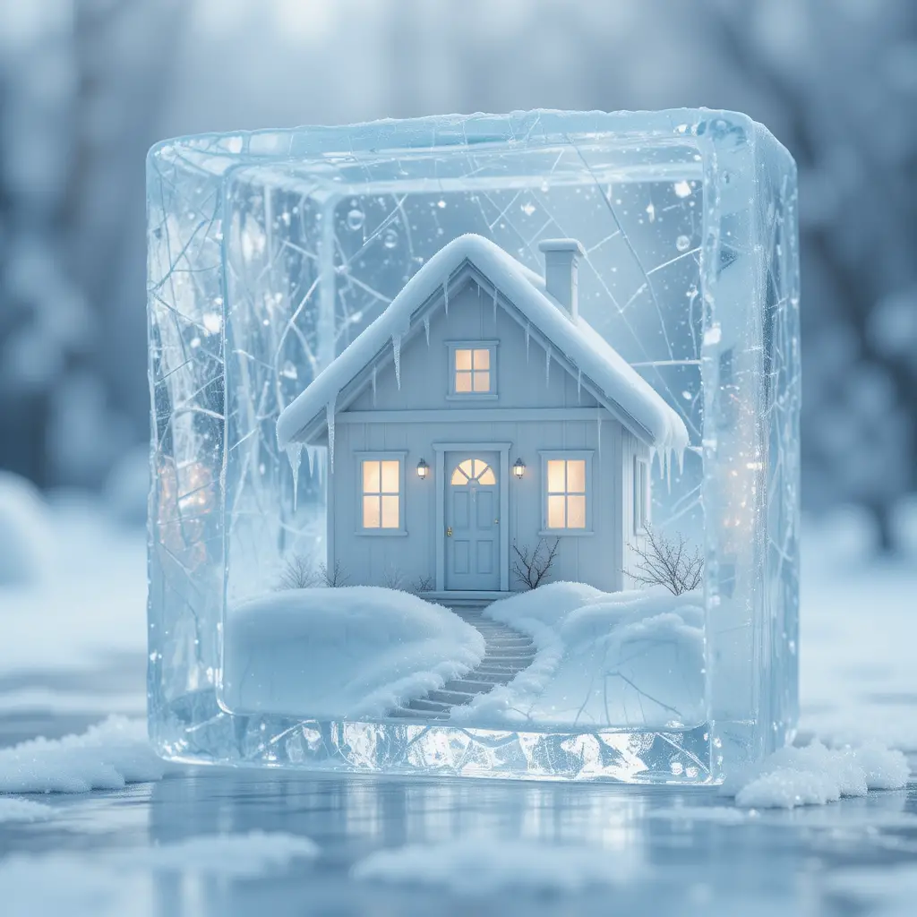 Miniature house frozen inside a clear ice cube