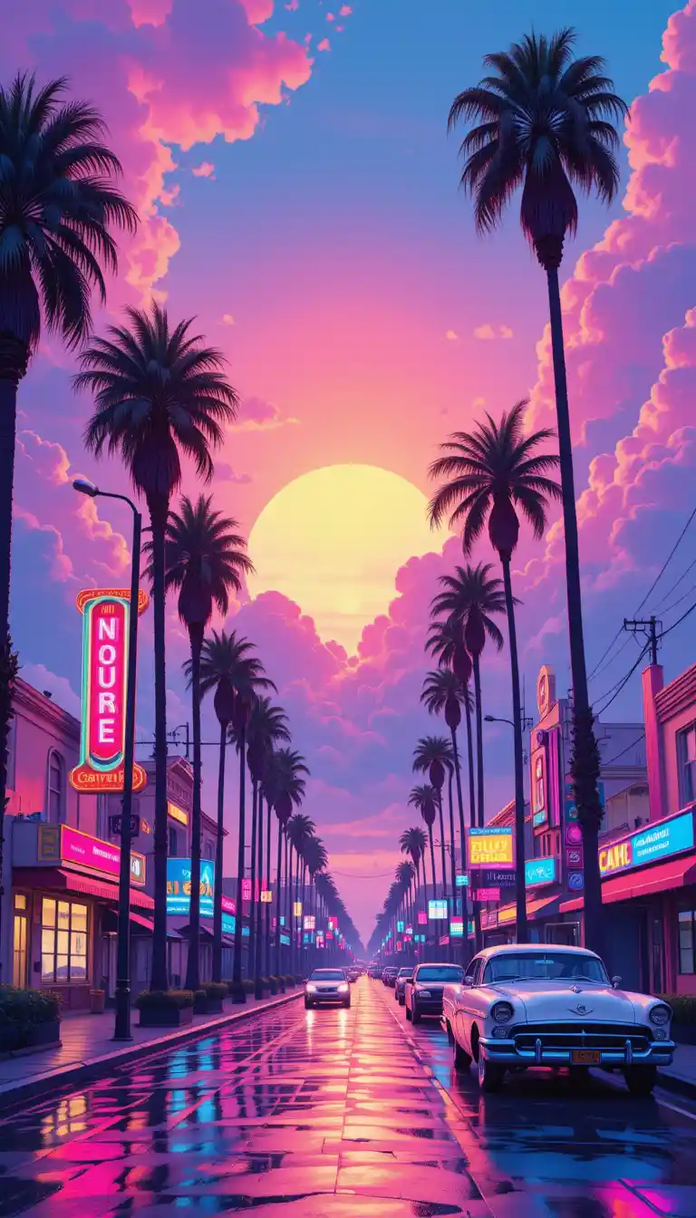 Tramonto da Sogno in Strada Cittadina con Insegne al Neon e Auto