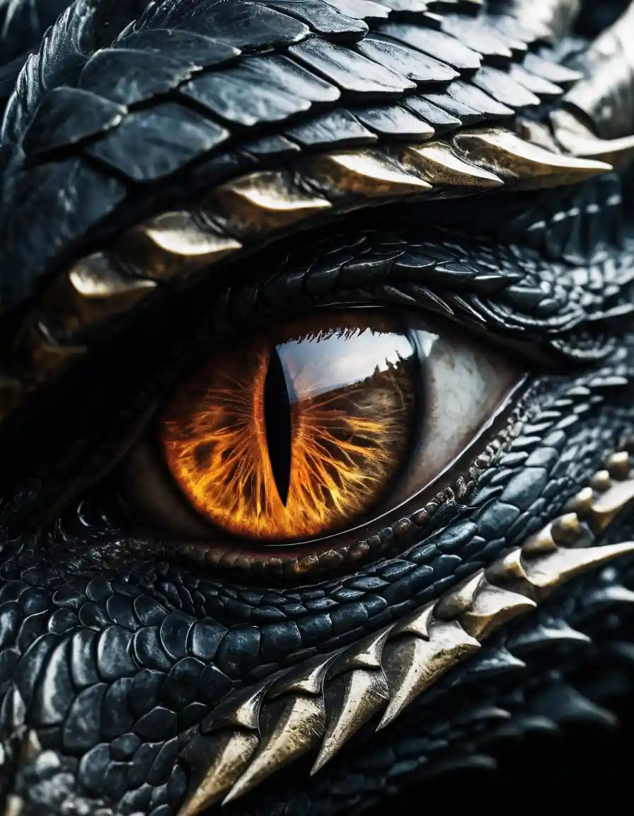 Dramatic close up of a dragon eye facing a knight