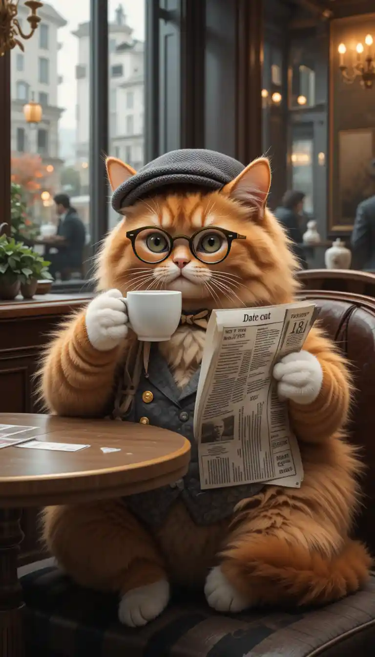 Orange cat gentleman sipping coffee at a cafe