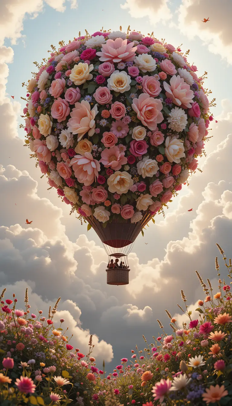 Flower filled hot air balloon floating in a dreamy sky