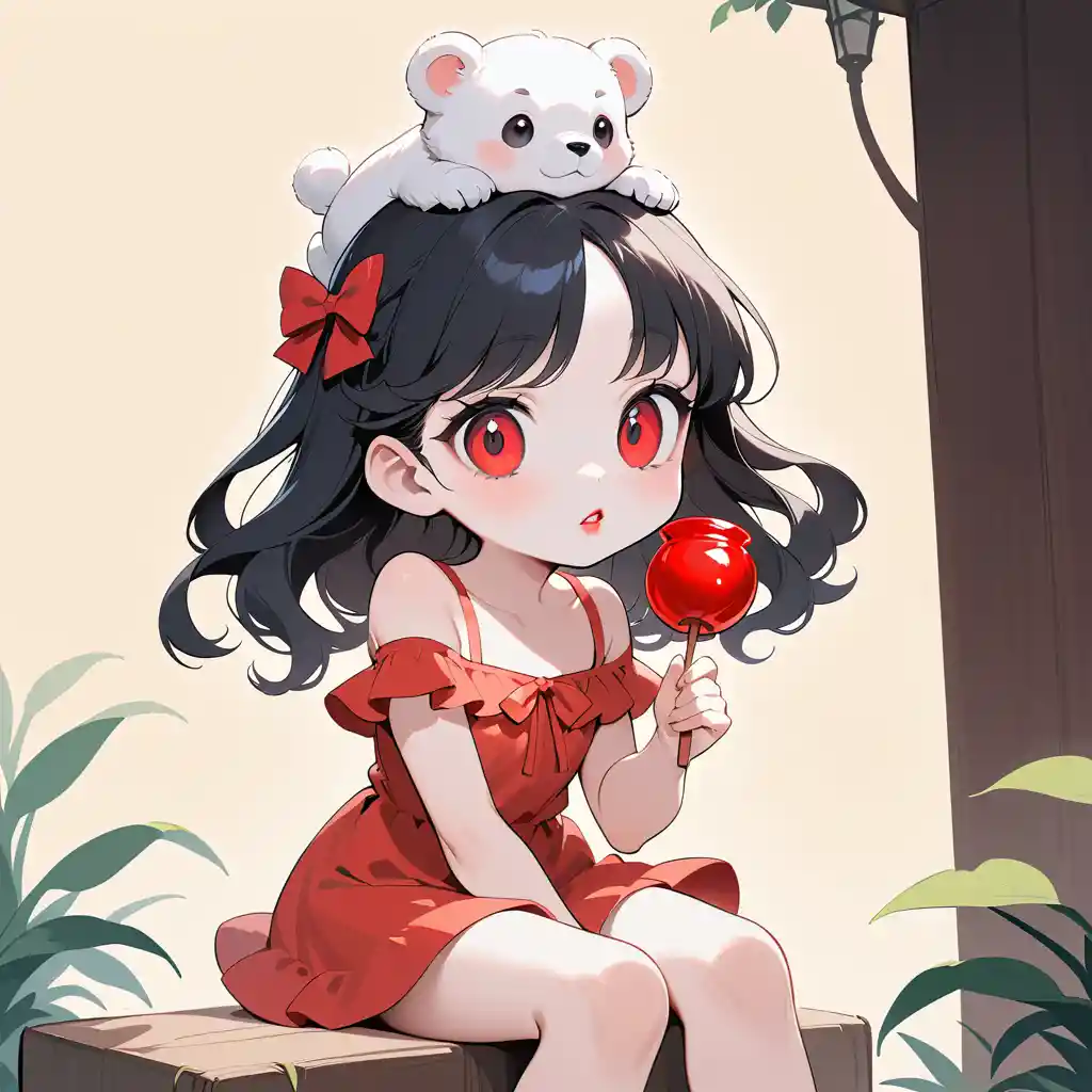 Little girl with white bear sitting on her head