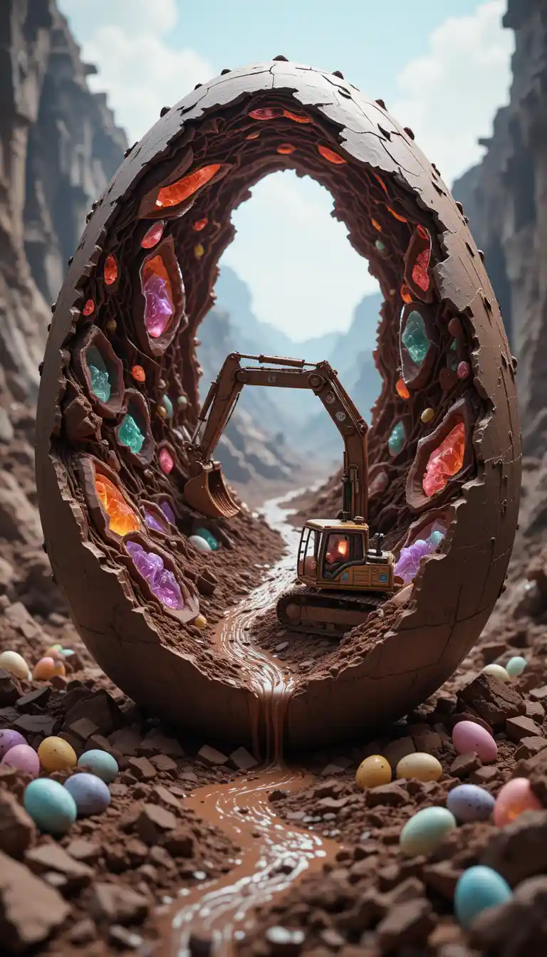 Giant chocolate easter egg revealing molten crystal cavern