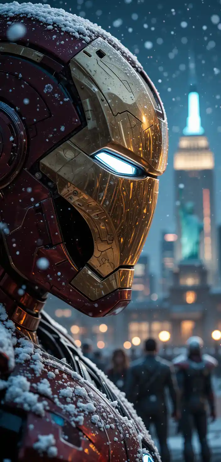Iron hero close up in snowy glowing city night