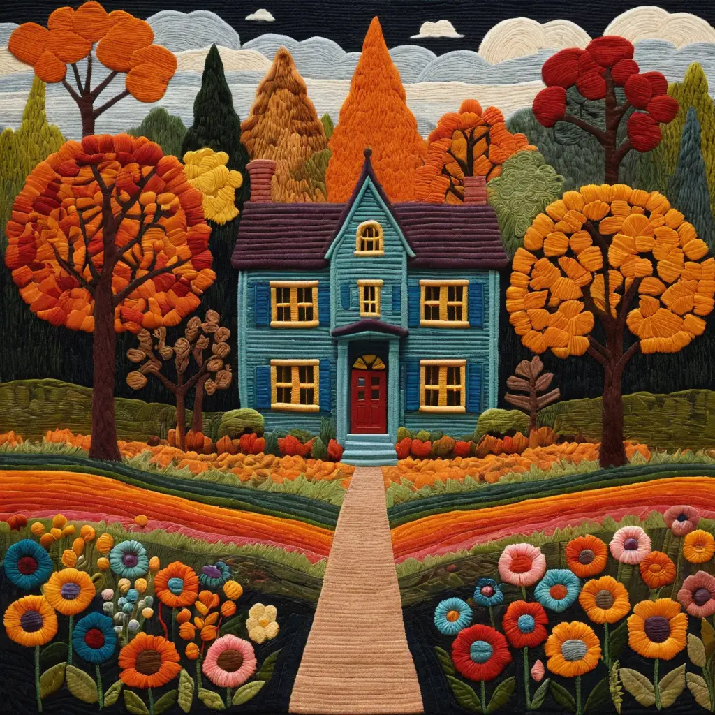 Embroidered autumn flower bouquet in folk art landscape