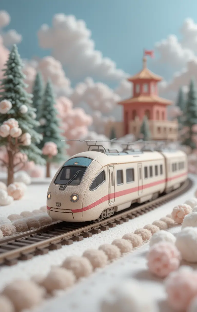 Cute plush high speed train in fantasy woolen garden