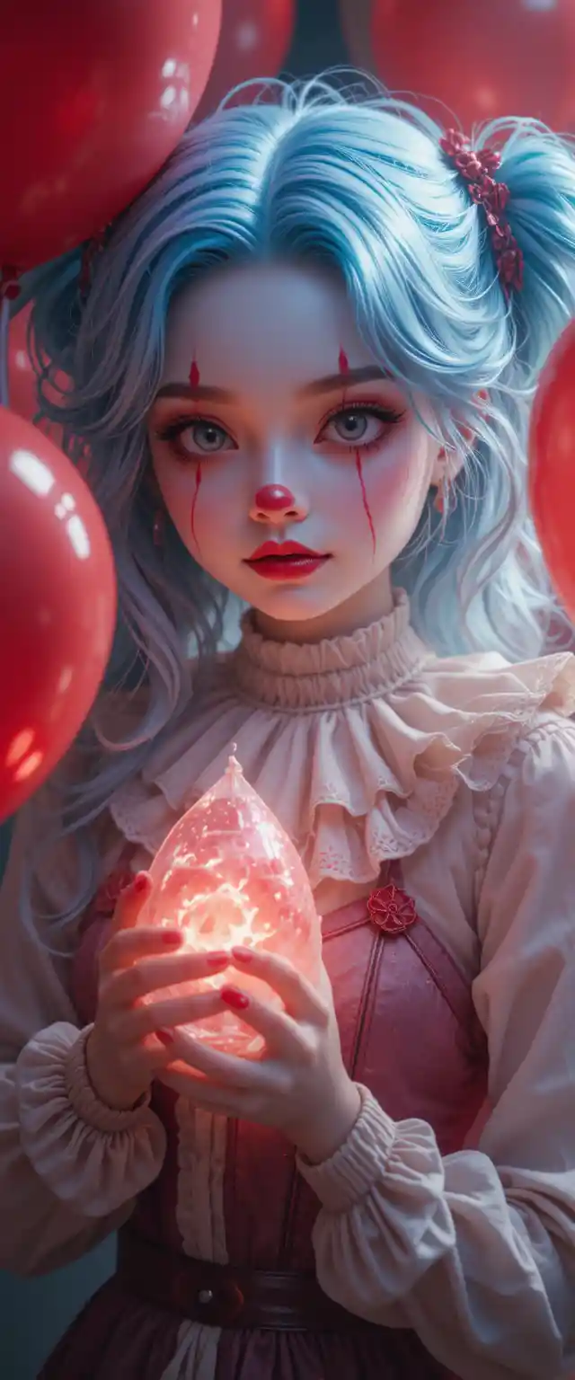 Creepy cute anime clown girl with red balloons