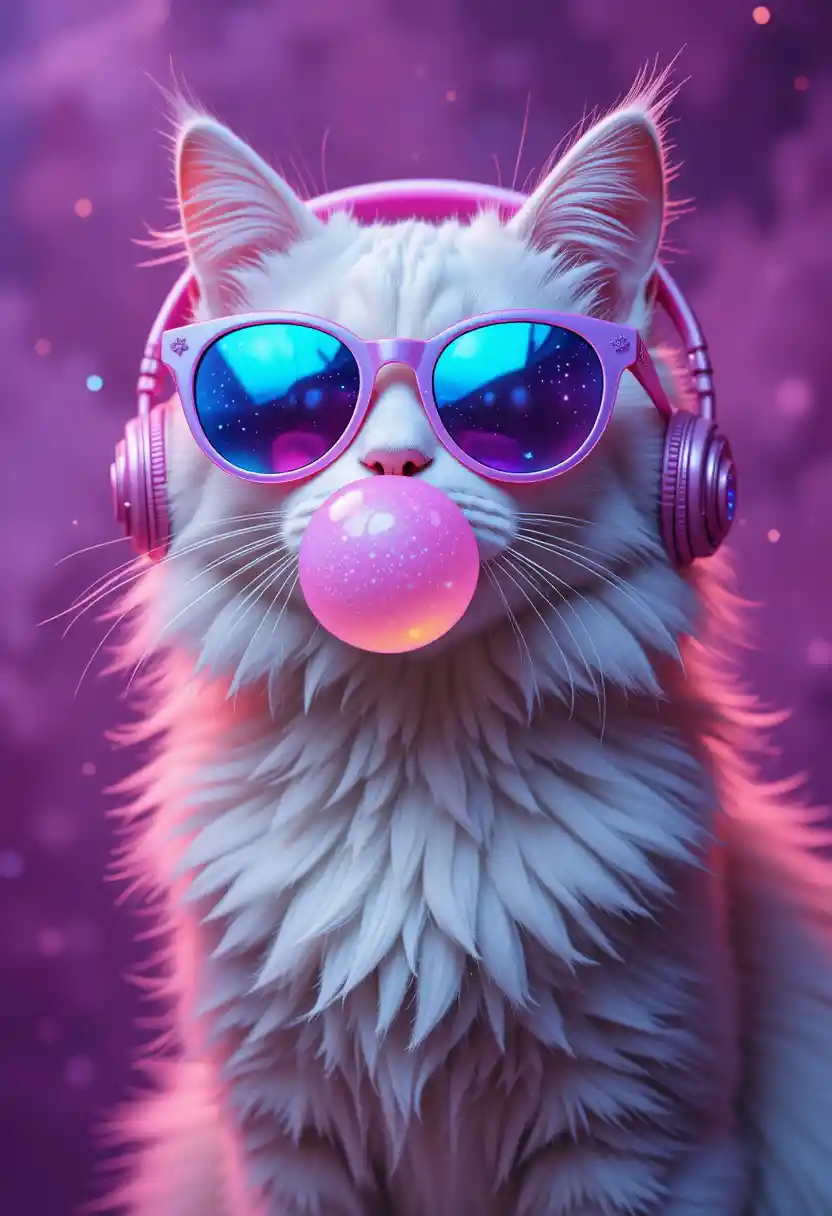 Cool white cat with sunglasses and bubble gum portrait