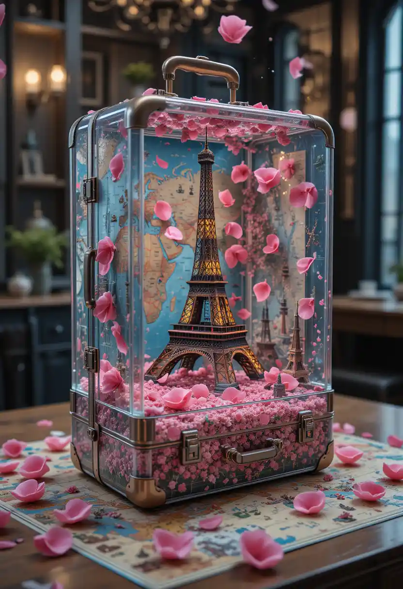 Transparent Glass Travel Suitcase With Eiffel Tower Detail