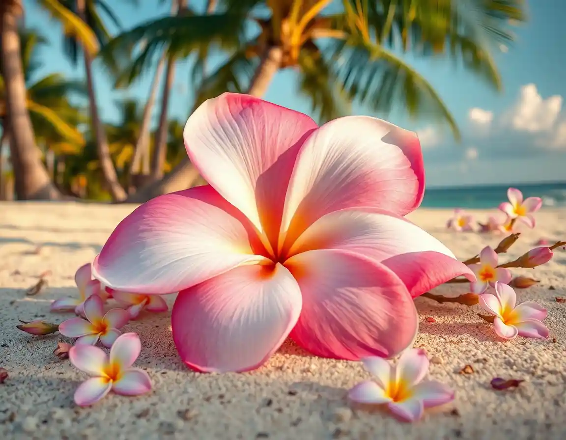 Pink frangipani flower on sandy beach with palms