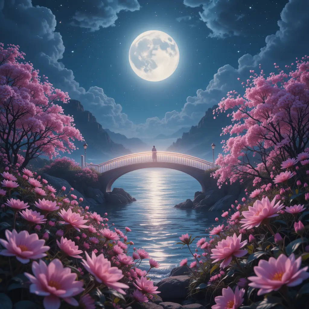 Moonlit bridge over water in a peaceful dreamlike landscape